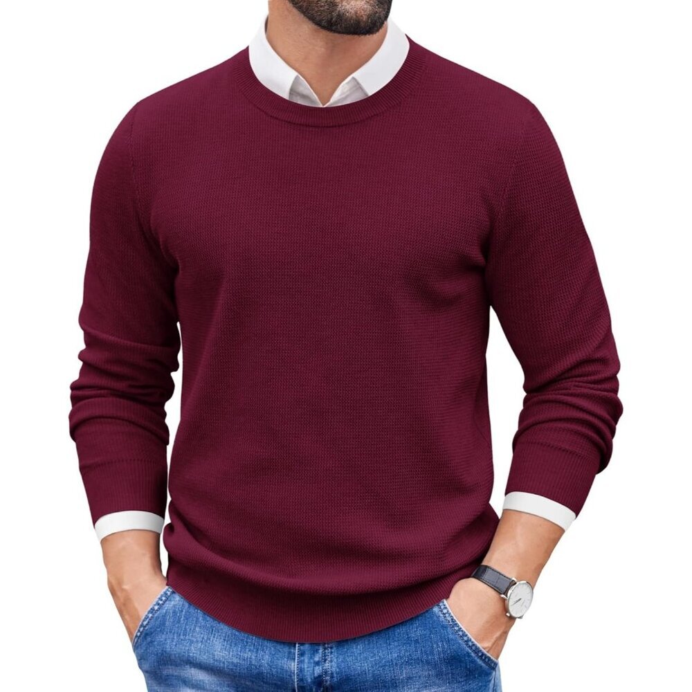 👉Men'sCrewneck Sweater Dress Long Sleeve Pullover Sweater Knit Sweaters Dark Red
